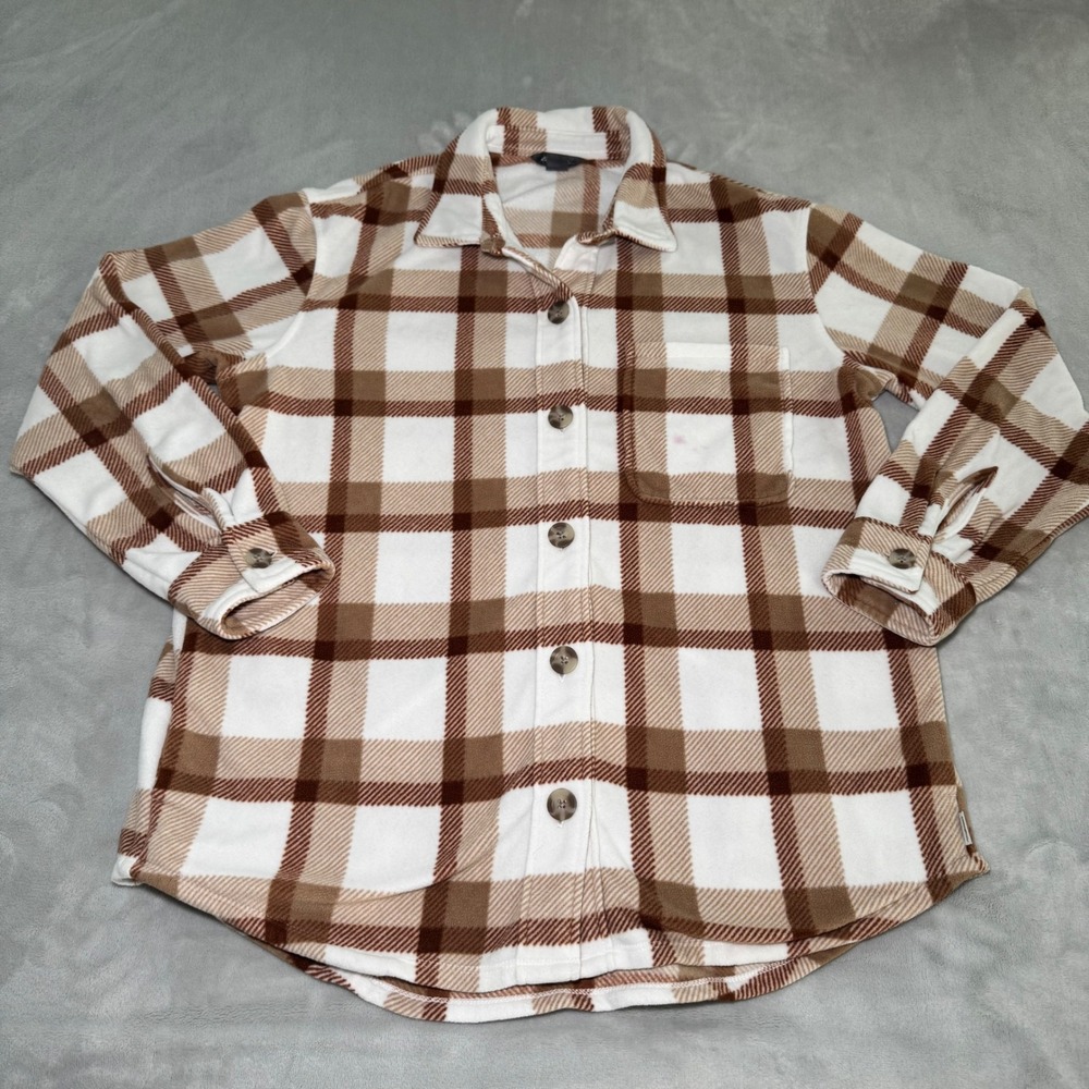 Eddie Bauer‎ Women's Brown Plaid Fleece Button Down Shirt Shacket Size Medium